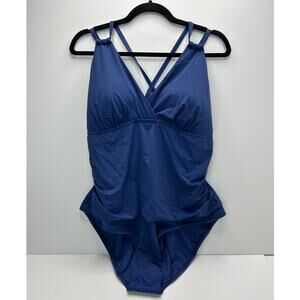 Jantzen Cross Double Strap Ruched Belly One Piece Swimsuit Blue Women 20W NWT